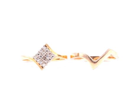 A square diamond cluster ring and matching wedding band, fifteen 8 cut diamonds claw set in a 6.5mm square 18 carat yellow an