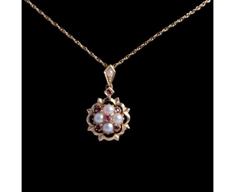 A garnet and pearl pendant on a chain, the 14 carat yellow gold floral pierced design pendant, 16mm diameter, with five brill
