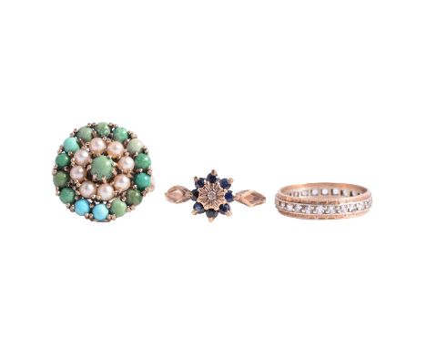 A vintage turquoise ring, sapphire reverse cluster, eternity ring, two pairs of emerald studs, a yellow metal ring marked 9ct