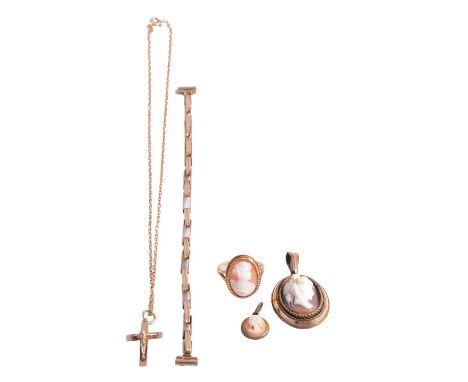 A gold crucifix pendant and chain, gold expanding watch bracelet, and carved shell cameos, a 9 carat yellow gold crucifix pen
