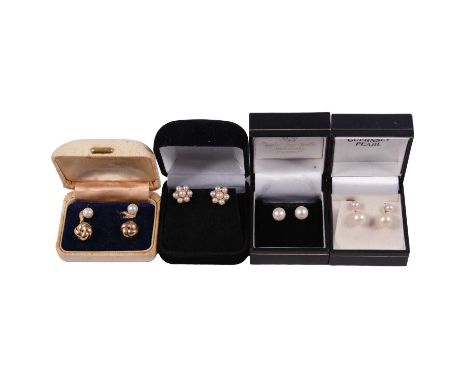 Six pairs of earrings for pierced ears, cultured pearl, diamond and gold, three pairs of cultured pearl studs and a single pe