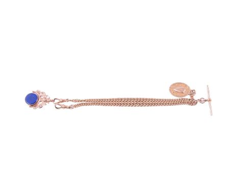 A 9 carat yellow gold double Albert watch chain with swivel and shield fobs, curb links graduating from 6.4mm to 4.7mm, each 