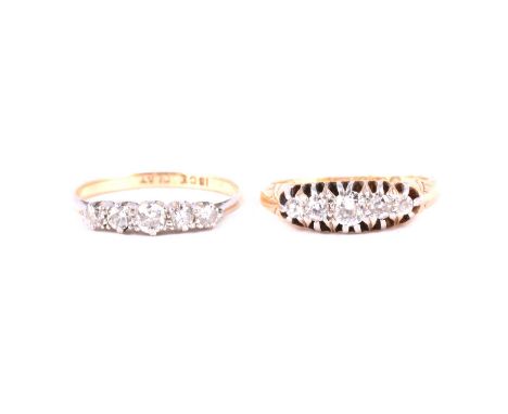 Two diamond half hoop rings, five old cut diamonds graduating in size, claw set in an 18 carat all yellow gold mount ring siz