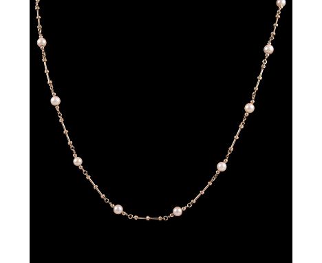 A cultured pearl and 9 carat yellow gold necklace, the sixteen 6.35mm pearls divided by 9 carat yellow gold beads and bamboo 