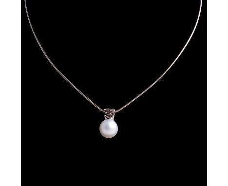 A cultured pearl and diamond pendant on a chain, the cultured pearl, 11.9mm diameter, peg set to a bale with five graduated b