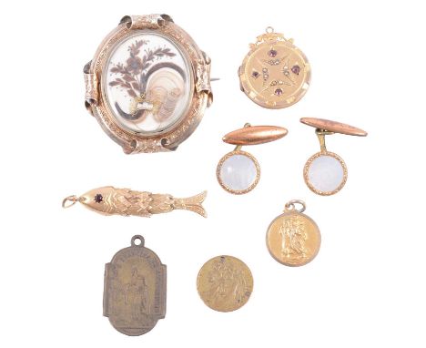 A Victorian mourning brooch, locket, articulated fish, St Christopher and metal cufflinks, a Victorian mourning locket, both 