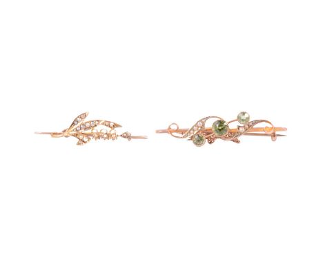 Two antique bar brooches, a 15 carat yellow gold 40mm brooch set with a seed pearl spray of Lily of The Valley, Chester 1895,