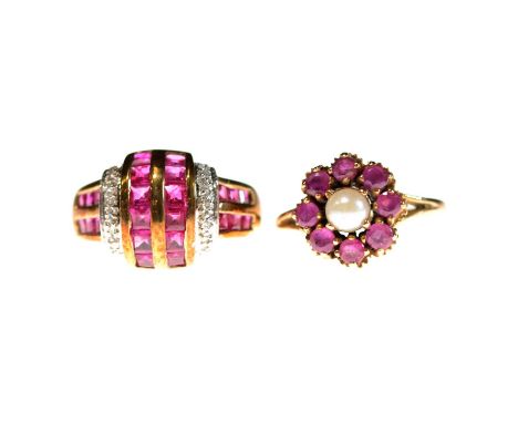 An Art Deco style ruby and diamond ring, and a ruby and cultured pearl ring, an Art Deco style ruby and diamond ring, the twe