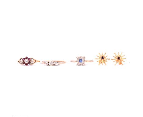 Three gemset rings and a pair of earrings, a sapphire and diamond ring, the square cut sapphire surrounded by eight 8 cut dia