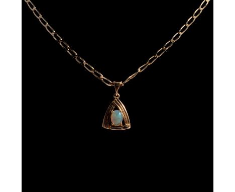 An opal pendant on a chain, the oval cabochon cut opal, approximately 7x5.3mm, four claw set to the centre of a yellow metal 