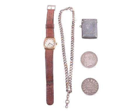 A 9 carat gold wristwatch, silver vesta case, two silver coins, and an Albert watch chain, a vintage gentleman's 9 carat yell