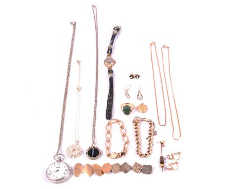 A yellow metal bracelet marked 15c, 9 carat gold cufflinks, two chains, locket etc, an 8mm wide oval link bracelet, fastener 