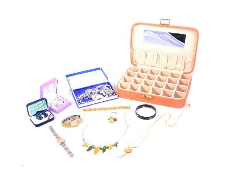 A collection of costume jewellery and wristwatches, a tortoiseshell bangle set with white metal elephants; a metal and enamel