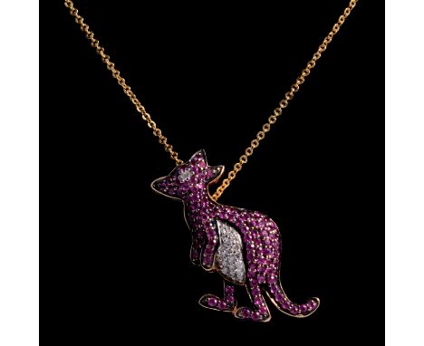 A ruby and diamond set kangaroo pendant on chain, the one hundred and two brilliant cut rubies and eighteen brilliant cut dia