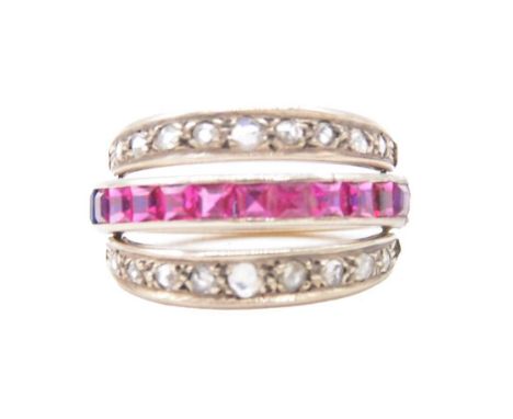 A sapphire, ruby, and diamond night and day ring, a full eternity ring with a yellow and white metal band set with square cut