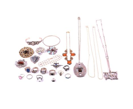 A collection of handmade white metal jewellery and costume jewellery, a large smoky quartz and unmarked white metal pendant, 