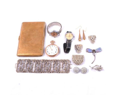 Yellow metal T bar, gemset brooches, costume jewellery, watches, pocket watch and brass cigarette case, a yellow metal T bar,