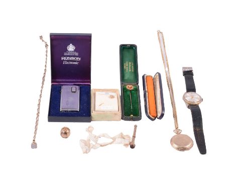 Gold tie pins, Masonic puzzle ball, propelling pencil, Albert watch chain, and other items, a diamond set tie pin, the 8 cut 