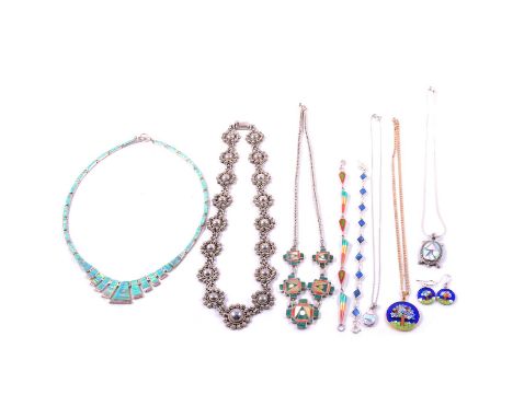 A collection of Italian and Mexican white metal jewellery, some gemset, an Antica Murrina Venezia Murano glass millefiori pen