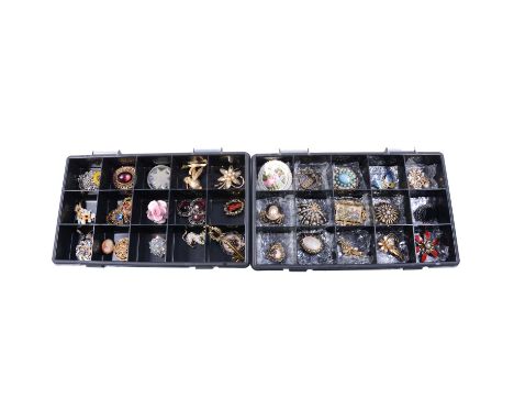 Thirty-seven vintage costume jewellery brooches and scarf rings, a gilt metal hummingbird fob watch brooch, the hummingbird s