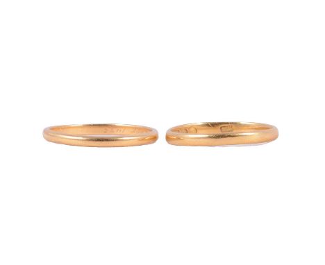 Two 22 carat gold wedding bands, a Victorian 22 carat gold wedding band, 2.2mm wide plain polished D shape ring size M½, Lond
