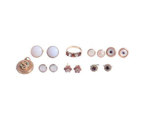 A garnet dress ring, Victorian locket, earrings and dress studs, three garnets and two synthetic white stones set in a yellow