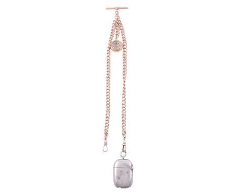 A rose metal double Albert watch chain, small compass and silver vesta case, a rose metal double Albert watch chain, 6.1mm ga