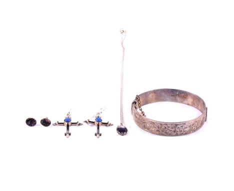 A silver Victorian style half hinged bangle, Blue John pendant and earrings, pair of cross design earrings, the 15.5m wide so