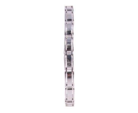 A 9 carat white gold 6mm wide polished link bracelet 17.5cm long with two extra links, 2cm, lobster claw fastener, 11.8g 