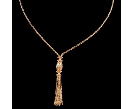 A 9 carat yellow gold rope chain necklace, with an eleven strand foxtail tassel suspended from a large barley twist bead to t