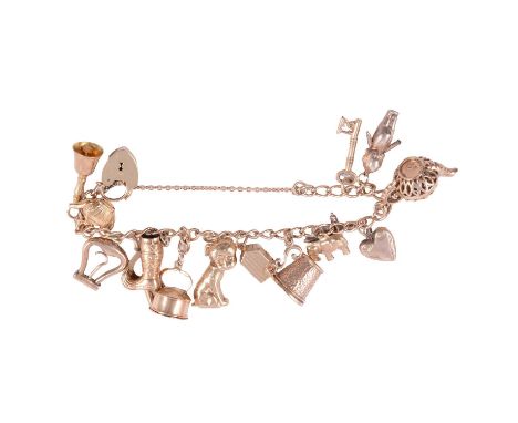 A 9 carat yellow gold charm bracelet with charms, the 4.3mm gauge curb links, fitted with padlock fastener and safety chain, 