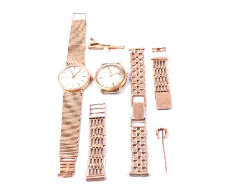 Two gentleman's wristwatches, 9 and 18 carat, 9 carat bracelets, tie bar, stick pin, a gentleman's Zenith wristwatch, circula