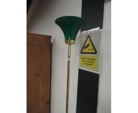 A modern brass standard lamp with green glass shade 