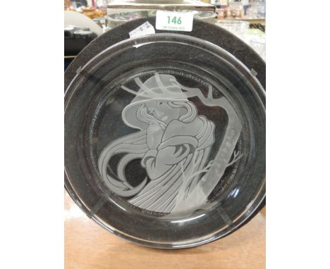 A selection of ceramic display plates including hand etched glass plaque signed RM Yates