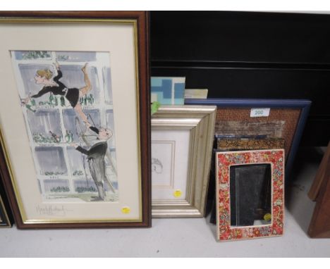 A selection of prints and original art work including cat sketch