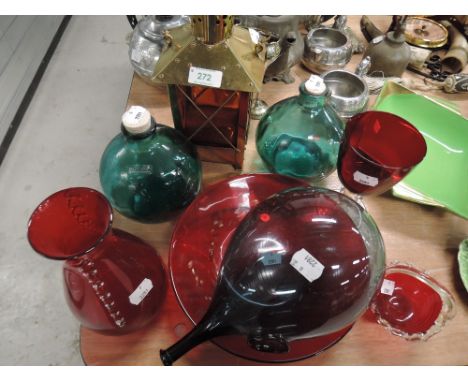 A selection of colour glass wares including ruby
