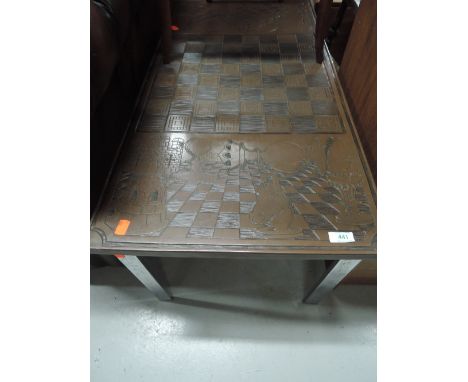 A vintage copper top games/coffee tableapprox 1.5 ft x 4ft