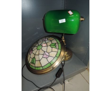 A brass and green glass desk top lamp and tiffany style ceiling shade