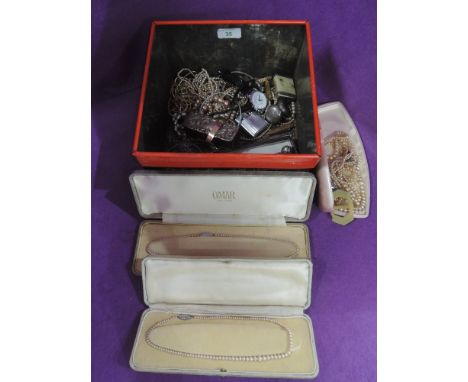 A vintage Huntley &amp; Palmer tin containing a selection of costume jewellery and misc including lipstick box with HM silver