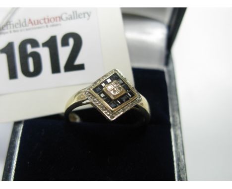 A Modern 9ct Gold Cluster Dress Ring, of geometric design, with millegrain and channel set highlights.