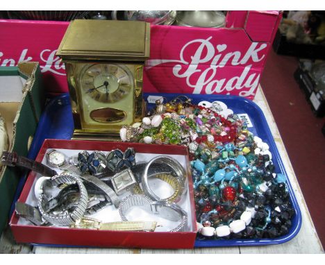 A Rapport Eight Day Brass Cased Clock, ladies and gent's wristwatches, costume jewellery:- One Tray