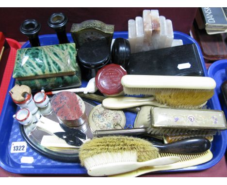 Alabaster Book Ends, trinket box, gilt metal clock, foldaway comb as Dandy gentleman, etc:- One Tray
