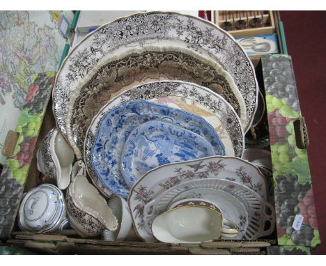 XIX Century Meat Plates, pair of XIX Century gravy boats, cups-saucers etc- One Box. 