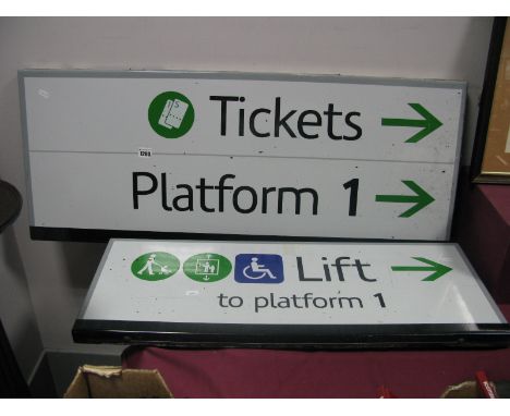 Two Railway Enamel Signs, one, tickets/platform,100cm x 40cm, the other 'Lift to Platform' is 80cm x 30cm 