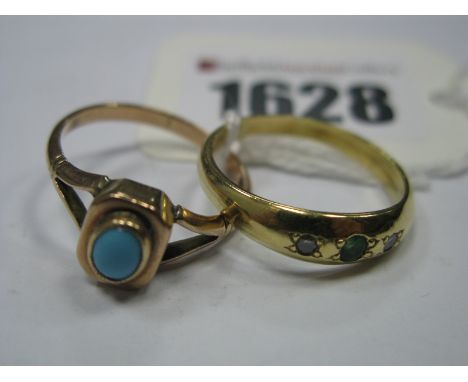 An 18ct Gold Three Stone Ring, rubover set; together with a single stone ring, oval collet rubover set. (2)