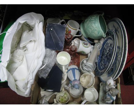 Commemorative Mugs, Willow Pattern plates, figurines, glass trinket set, linens etc:- One Box