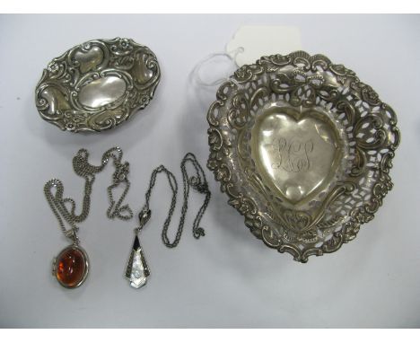 A Hallmarked Silver heart Shape Trinket Dish, of pierced design, initialled, a small hallmarked silver pin dish; a marcasite 