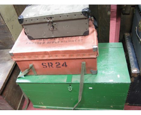 A Green Painted Ring Blanket Chest, two card carry cases. (3)