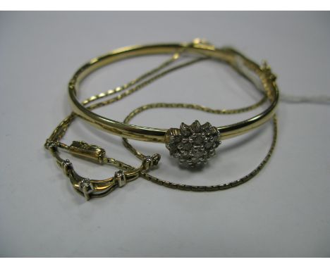 A 9ct Gold Bangle, with Later Added Cluster Detail, Claw Set Throughout with Brilliant Cut Diamonds; A ladies necklace, with 