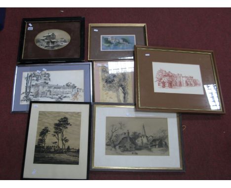 Dennis Wood (Bradford Artist) Riverside Scene, pastel, 10.5 x 21cm, signed lower left, R. Sawn, F. Crampton and other origina